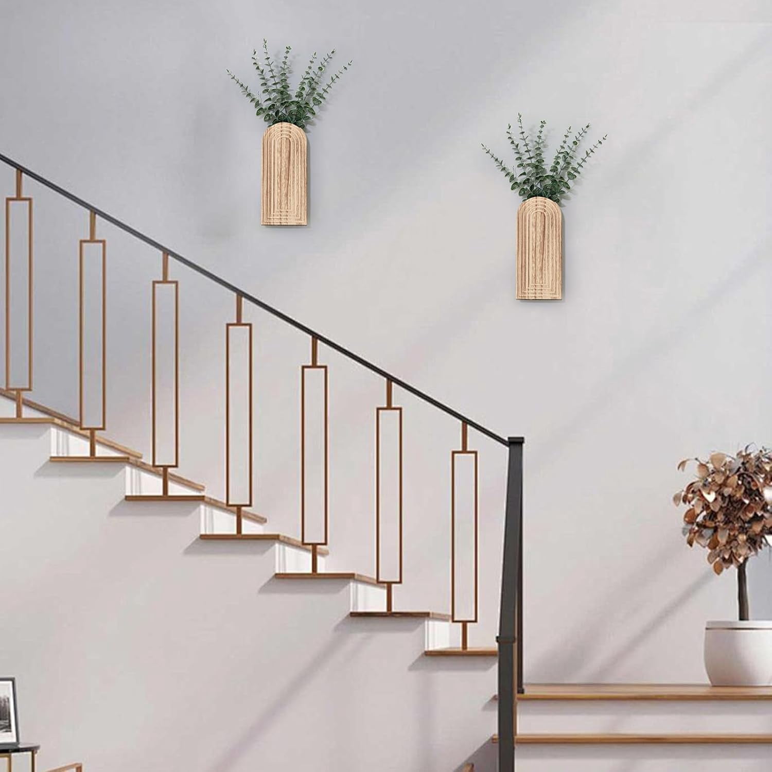 Wooden Wall Planter Vase Set of 2, Boho Hanging Planter for Indoor Plants & Flowers, Natural Wood Wall-Mounted Planters for Art Home Decor - Living Room, Bedroom, Bathroom, Patio