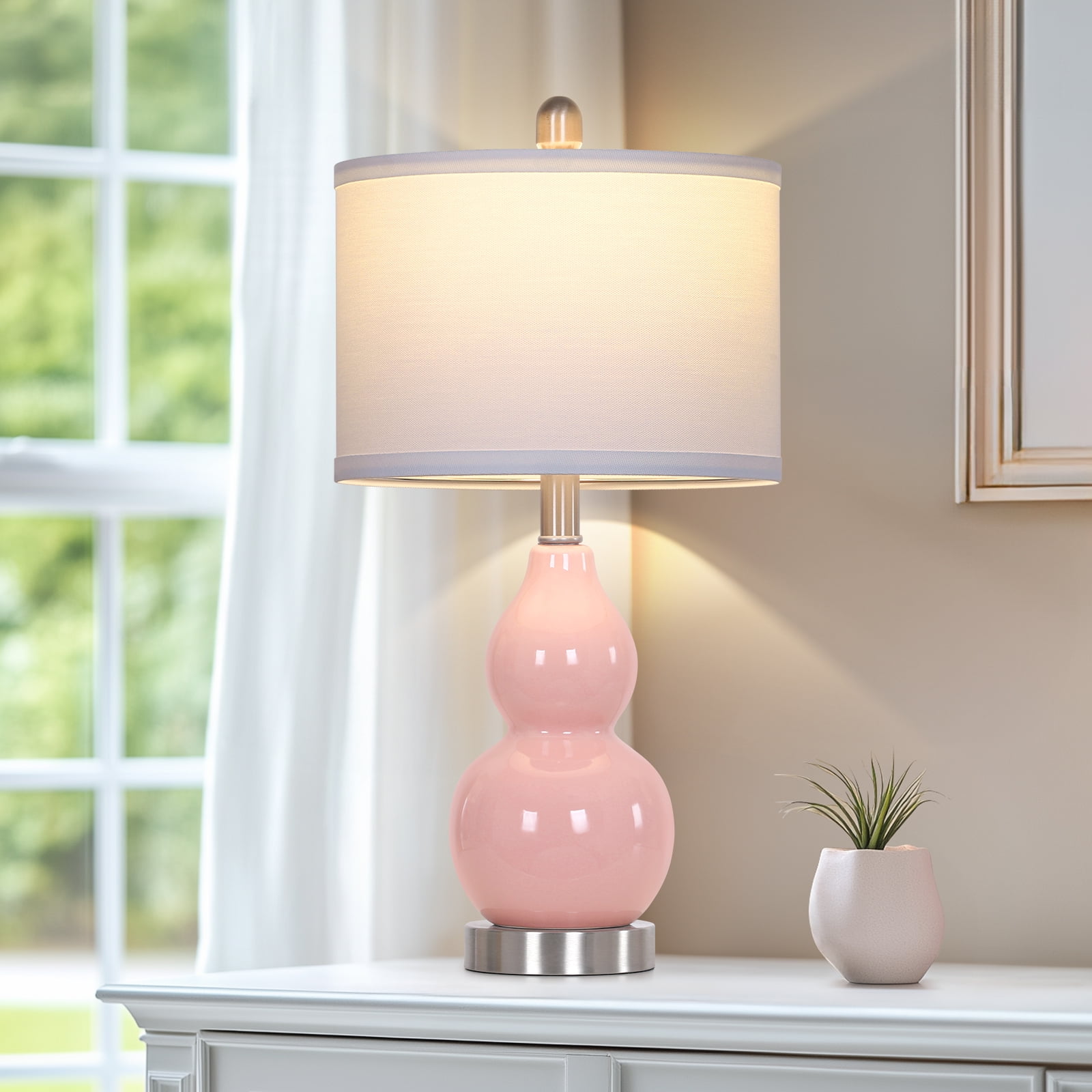 Cinkeda Pink Ceramic Table Lamp Set of 2 for Bedroom Living Room 22" Modern Double Gourd Nightstand Bedside Lamps with White Shade