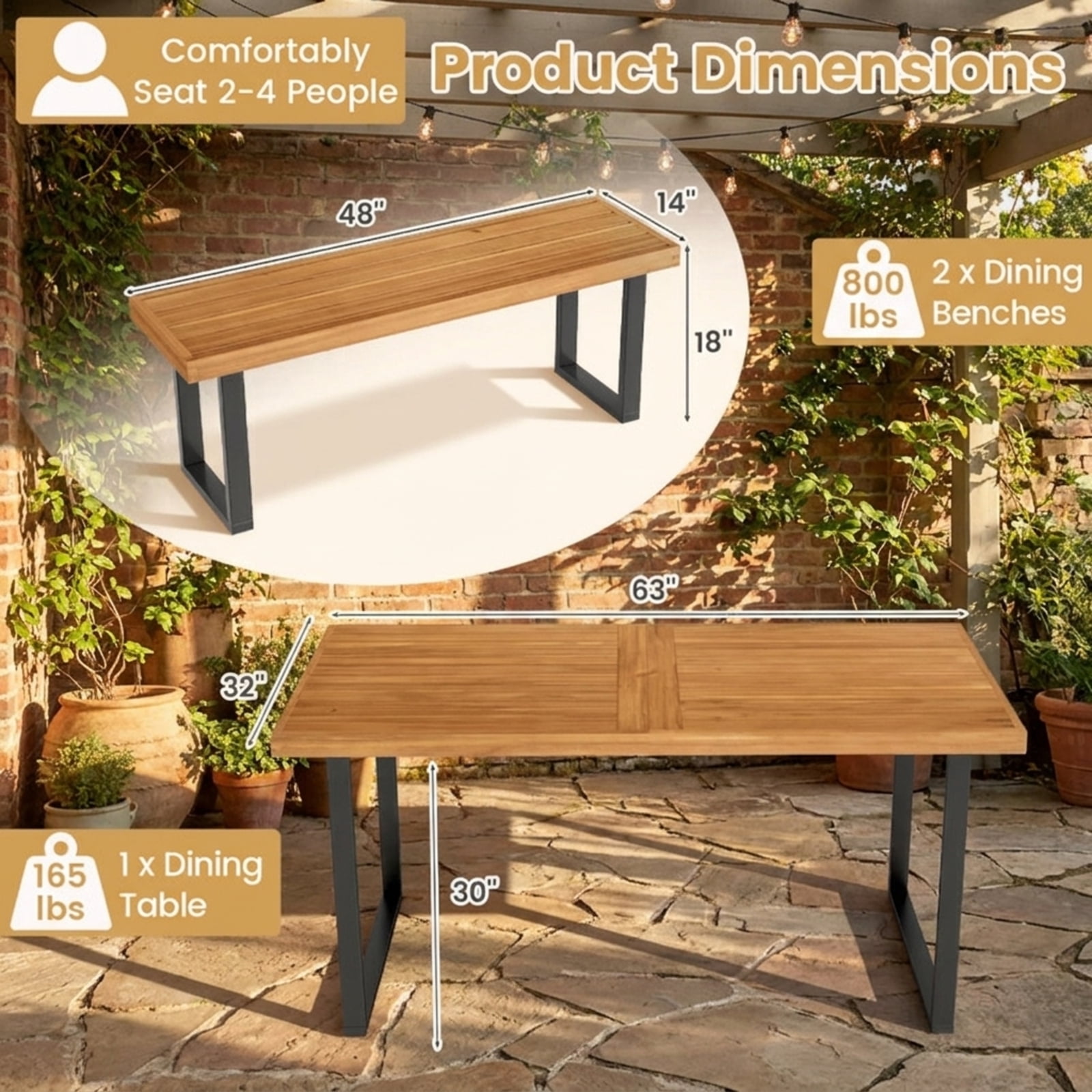 Biotree 3 Piece Patio Dining Table Set outdoor furniture set with 63 inch rectangle table and 2 backless benches for garden backyard and porch, Natural+Black