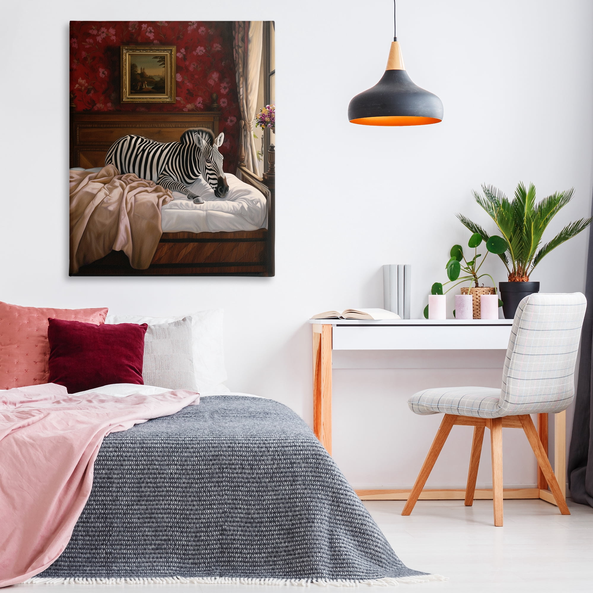 Stupell Industries Zebra on Regal Bed Animals Painting Wrapped Canvas Art Print Wall Art, 36 x 48