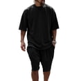 thumbnail image 2 of Men'S Terry Cloth Loose Fit Drop Shoulder Short Sleeve T Shirt And Drawstring Waist Shorts Set Casual Summer Loungewear For Daily Wear,Black,L, 2 of 4