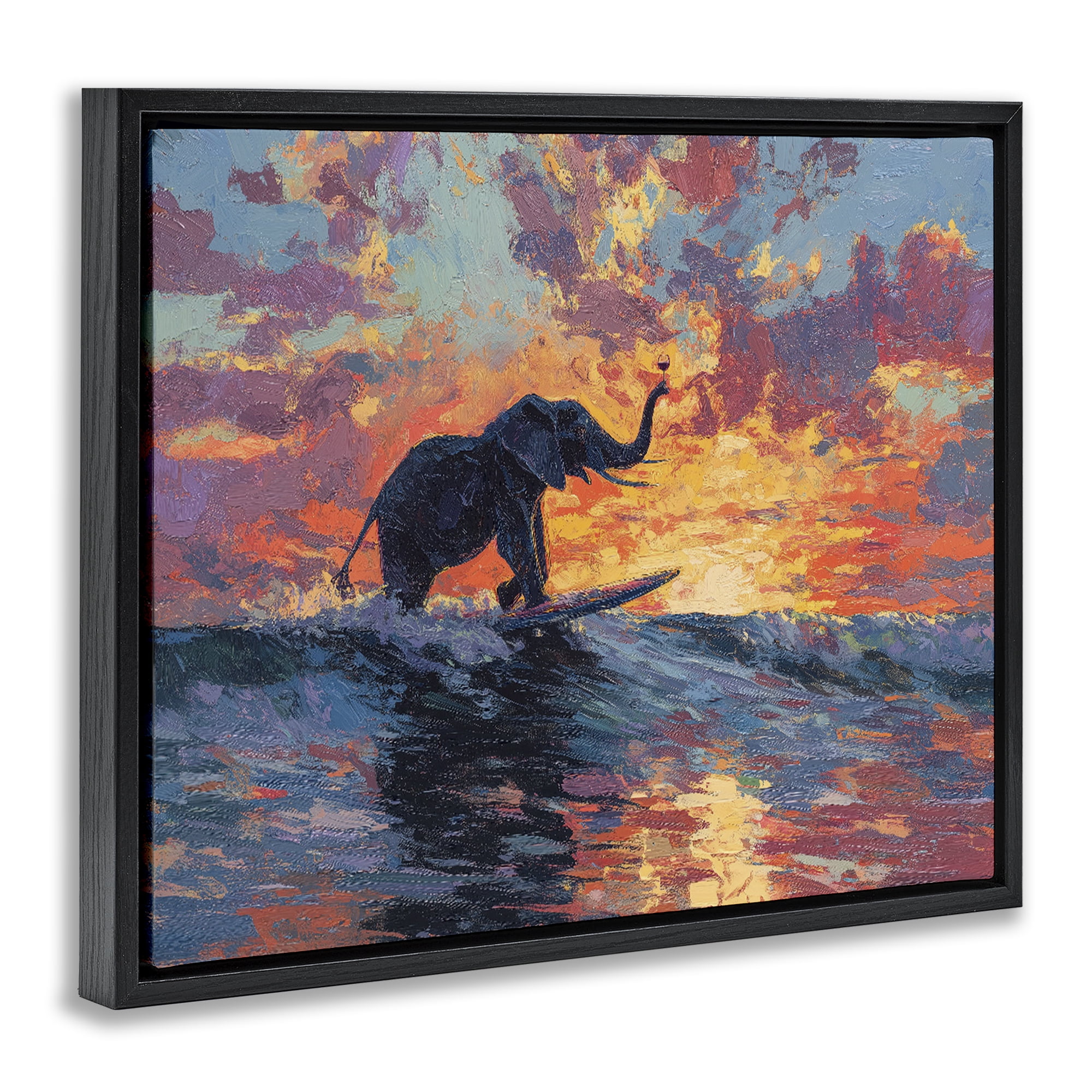 Sunset Surf Elephant Black Framed Floater Canvas Wall Art, design by Ziwei Li