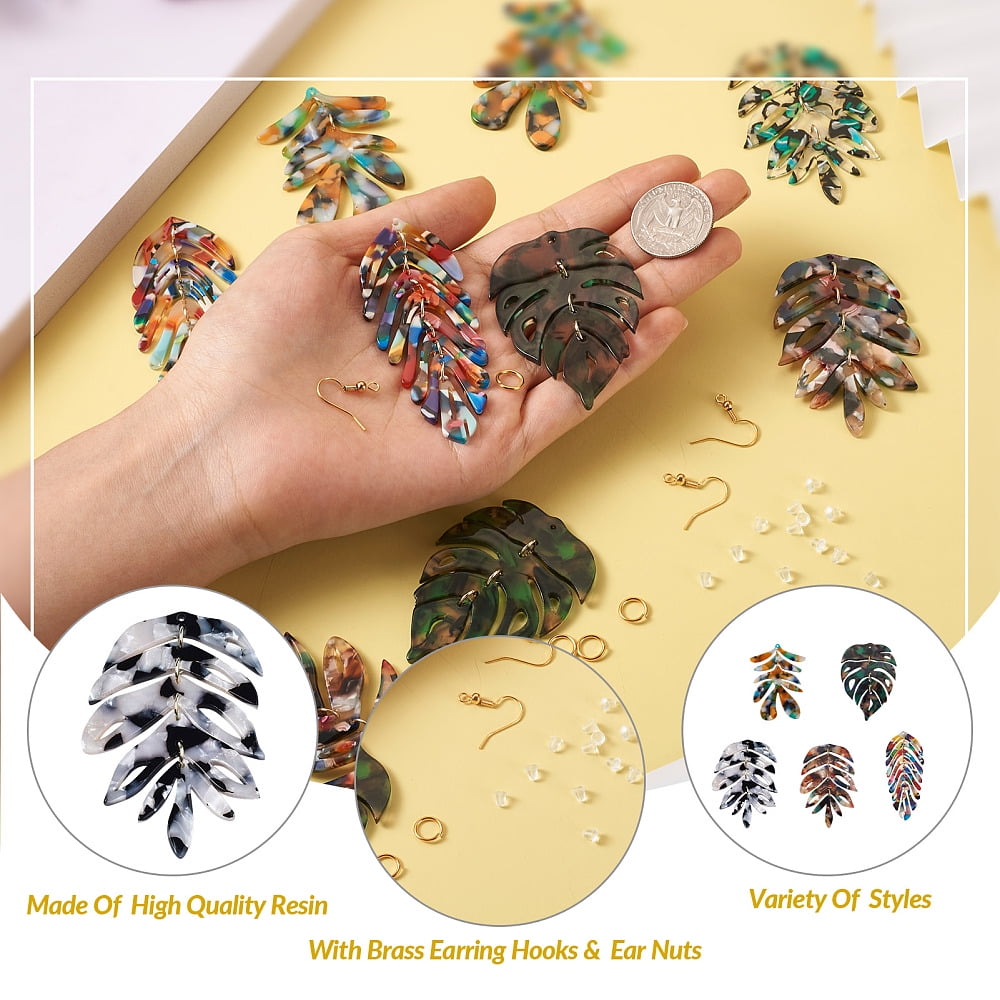1Box DIY Monstera Leaf Dangle Earring Making Kits Including Cellulose Acetate(Resin) Pendants Brass Earring Hooks Mixed Color 90Pcs/box