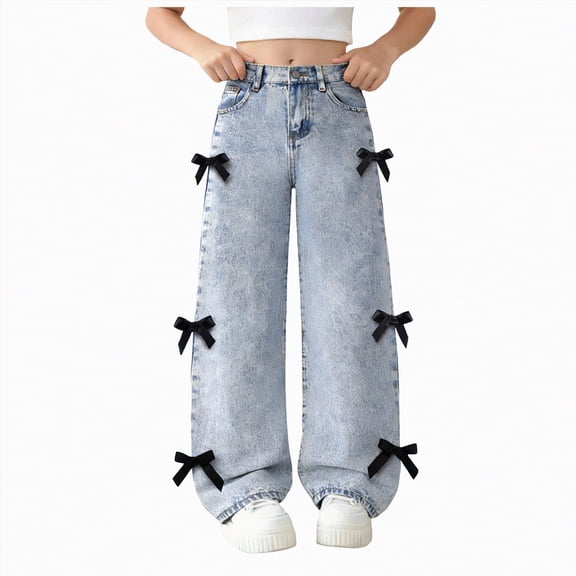 TOWED22 Girls Jeans Denim Elastic High Waisted Wide Leg Baggy Cargo Pants with Pockets Light Blue,5-6 Y