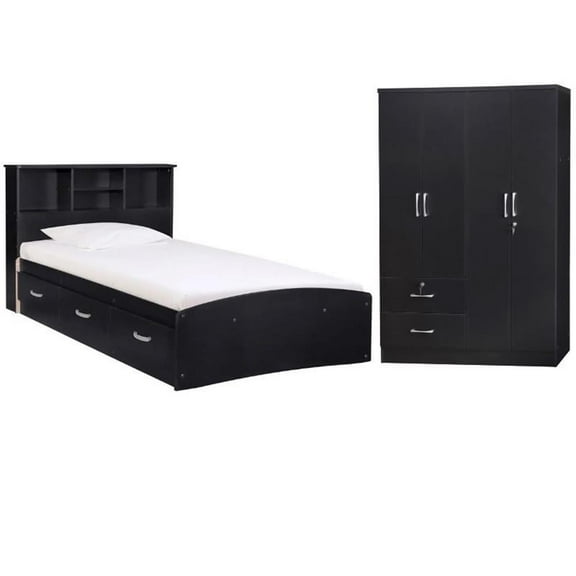 Home Square 2-Piece Set with Twin Captains Bed and 4-Doors 2-Drawers Armoire