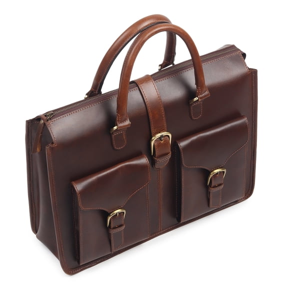 Genuine Leather Laptop Briefcase for Men & Women, Handmade Business Bag with Dual Front Pockets, Top Handle, Office Travel Satchel