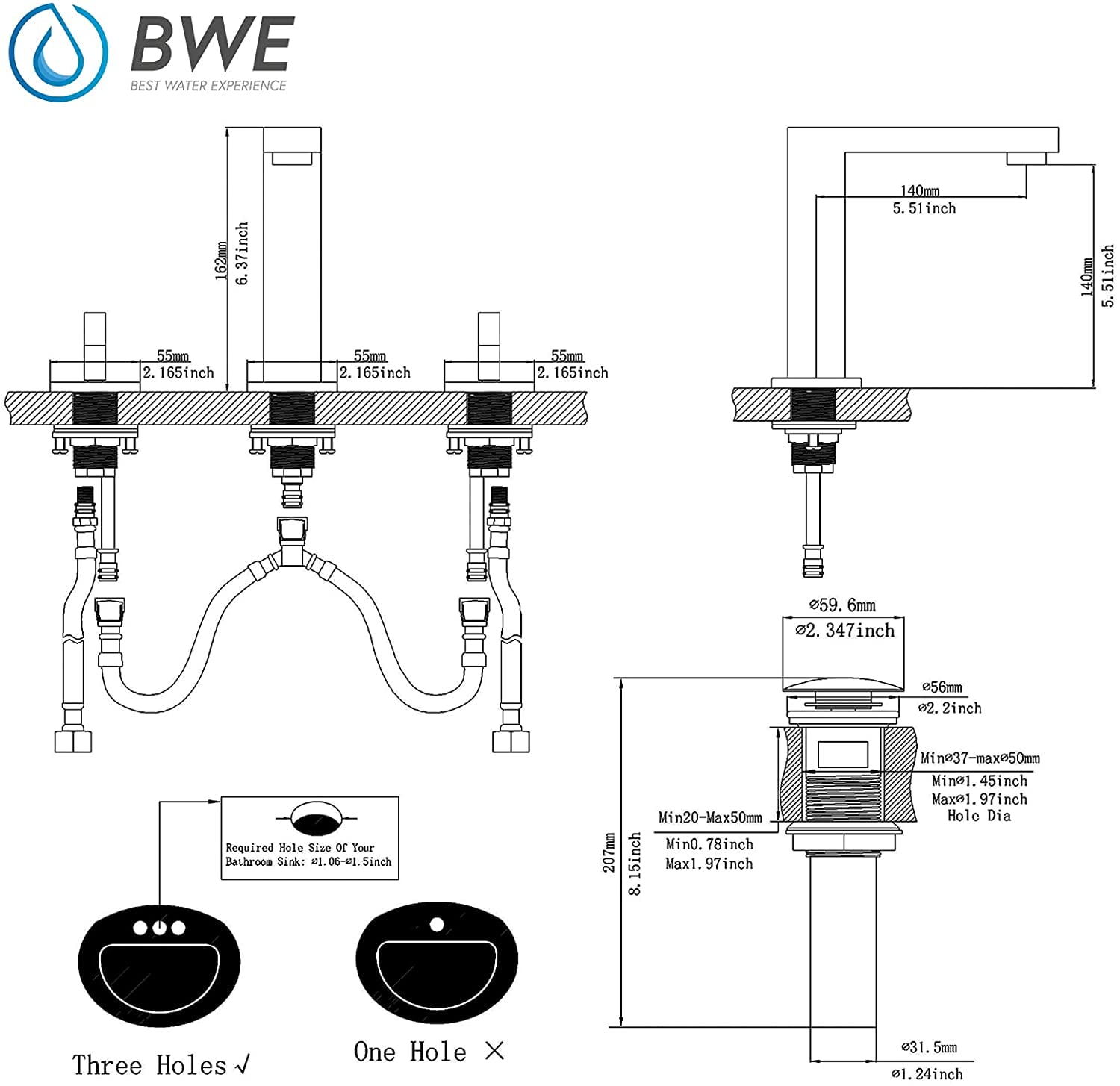 BWE Widespread Bathroom Faucet 3 Hole Matte Black with Pop Up Drain with Overflow Assembly and Supply Hose Bathroom Faucets for Sink 2-Handle 3 Pieces 8 Inch Basin Lavatory Mixer Tap