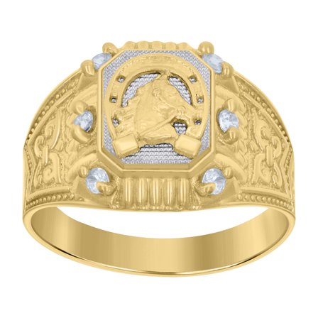 10kt Real Two-tone Gold Mens Cubic-Zirconia Horseshoe Good Luck Ring