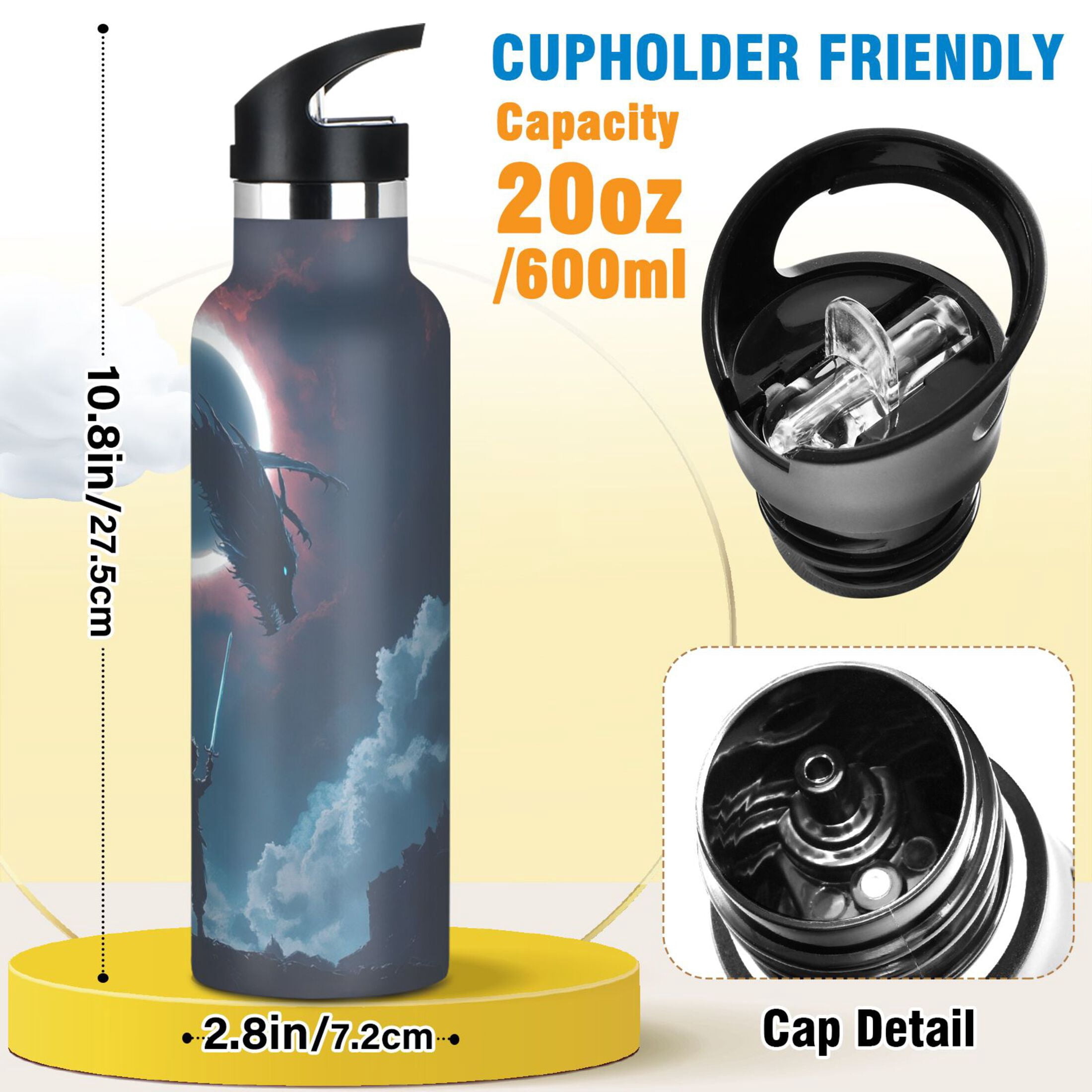 600ML Stainless Steel Insulated Cup Sports Water Bottle Portable Thermos Cup Water Glasses Insulated Tumblers Convenient and Durable Slaying The Dragon