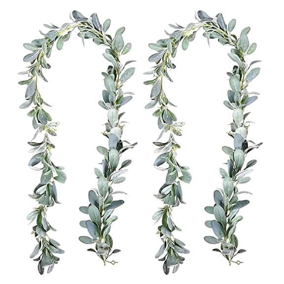 QAYOZ 2 Pack Artificial Lambs Ear Greenery Garland Flocked Green Leaves Vines Garland Faux Lambs Ear Vine for Home Farmhouse Wedding Party Mantle Decor