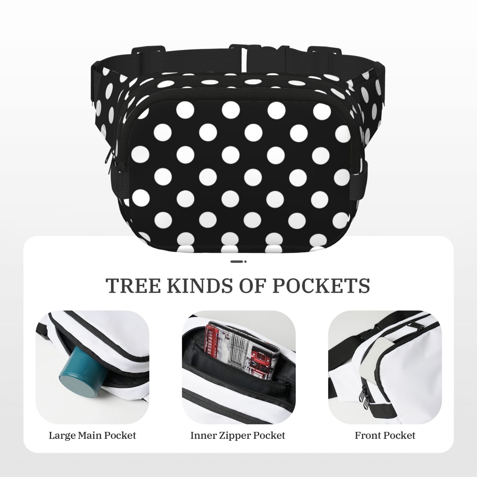 Hirioo Black and White Polka Dot for Double Layer Waist Bag Adjustable Fanny Pack For Travel Running Hiking