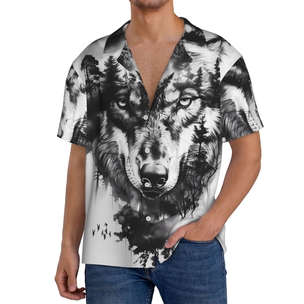 Balery Majestic Wolf Landscape Camisa Casual de Manga Corta con Botones para Hombre, Texturizada, Estilo Cubano, para Playa, Verano-Medium