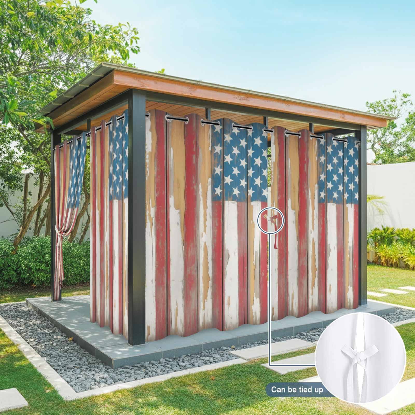 Independence Day Outdoor Curtains for Patio, American Flag Star Retro Red Wood Striped Sunshade Privacy Drapes Grommet Waterproof Outside Curtains for Porch/Cabana/Balcony 54"x 108", 1 Panel