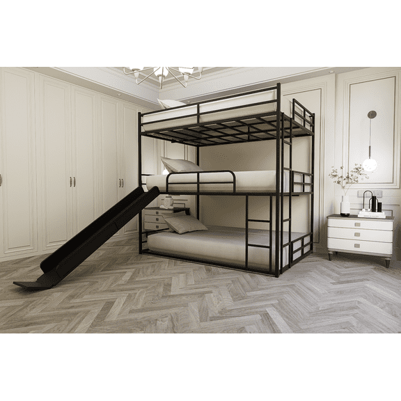 YDSM Metal Full Size Loft Bed with Slide and Ladder, Black