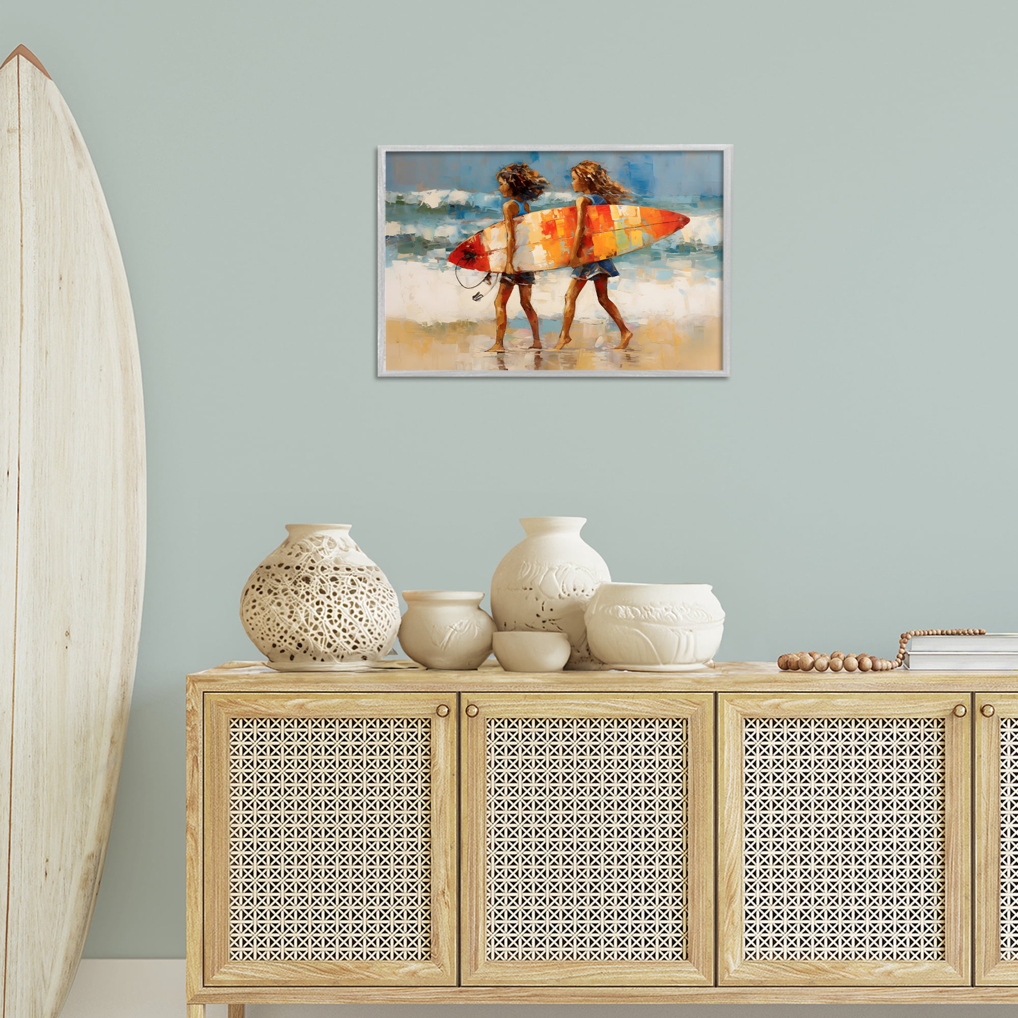 Stupell Industries Surfboard Kids Friends Sports Painting Gray Framed Art Print Wall Art, 24 x 16