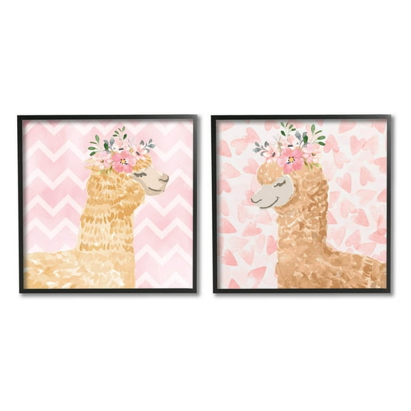 Stupell Industries Flower Power Smiling Alpacas Graphic Art Black Framed Art Print Wall Art, Set of 2, Design by ND Art