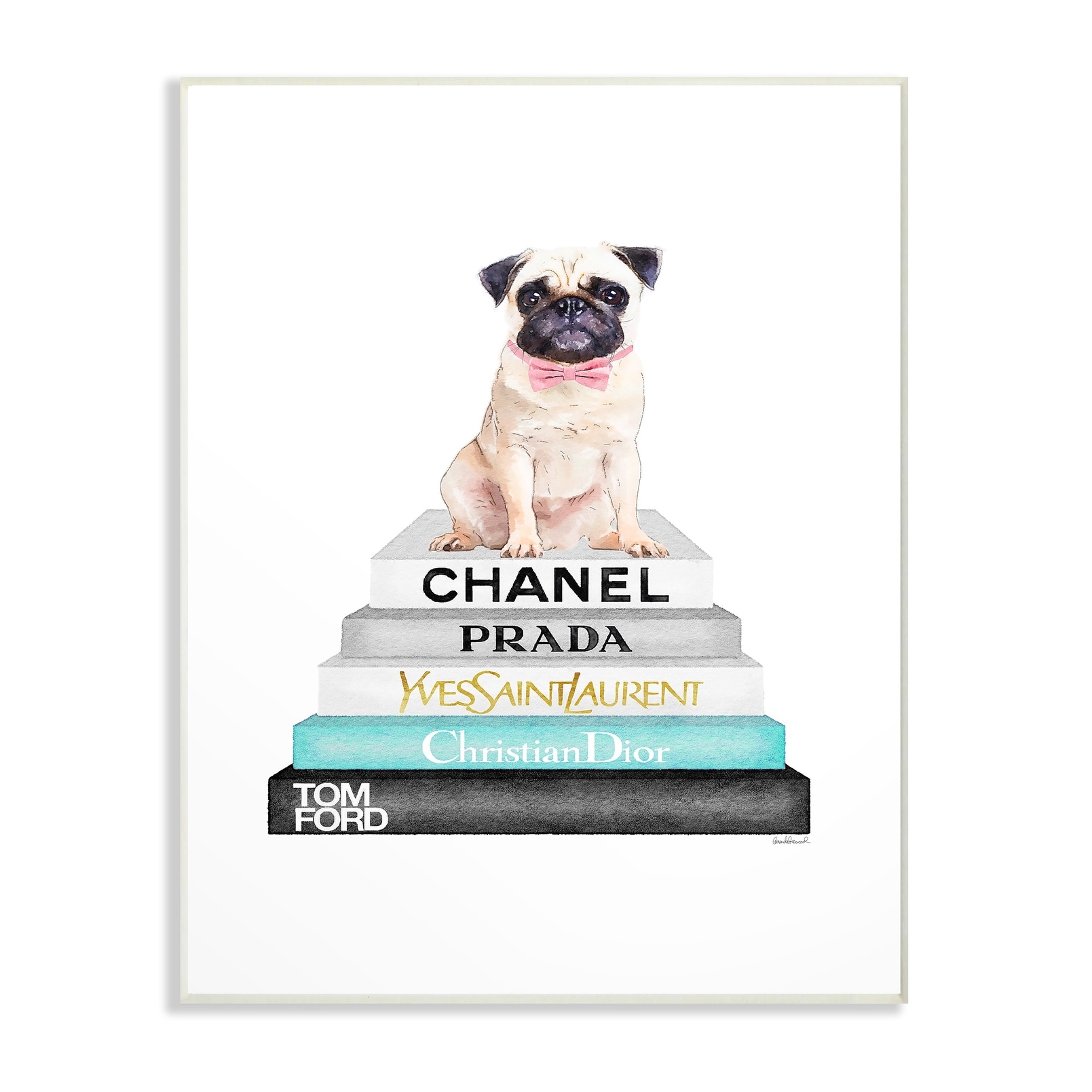 The Stupell Home Decor Grey Teal and Black Fashion Bookstack with Pug Wall Plaque Art