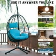 thumbnail image 3 of UHOMEPRO Rattan Swing Egg Chair with Stand, Modern Indoor Outdoor Patio Wicker Swing Chair with Removable Cushion, All-Weather Hammock Chair for Patio Balcony Porch Garden, Strong Metal Frame, Blue, 3 of 7