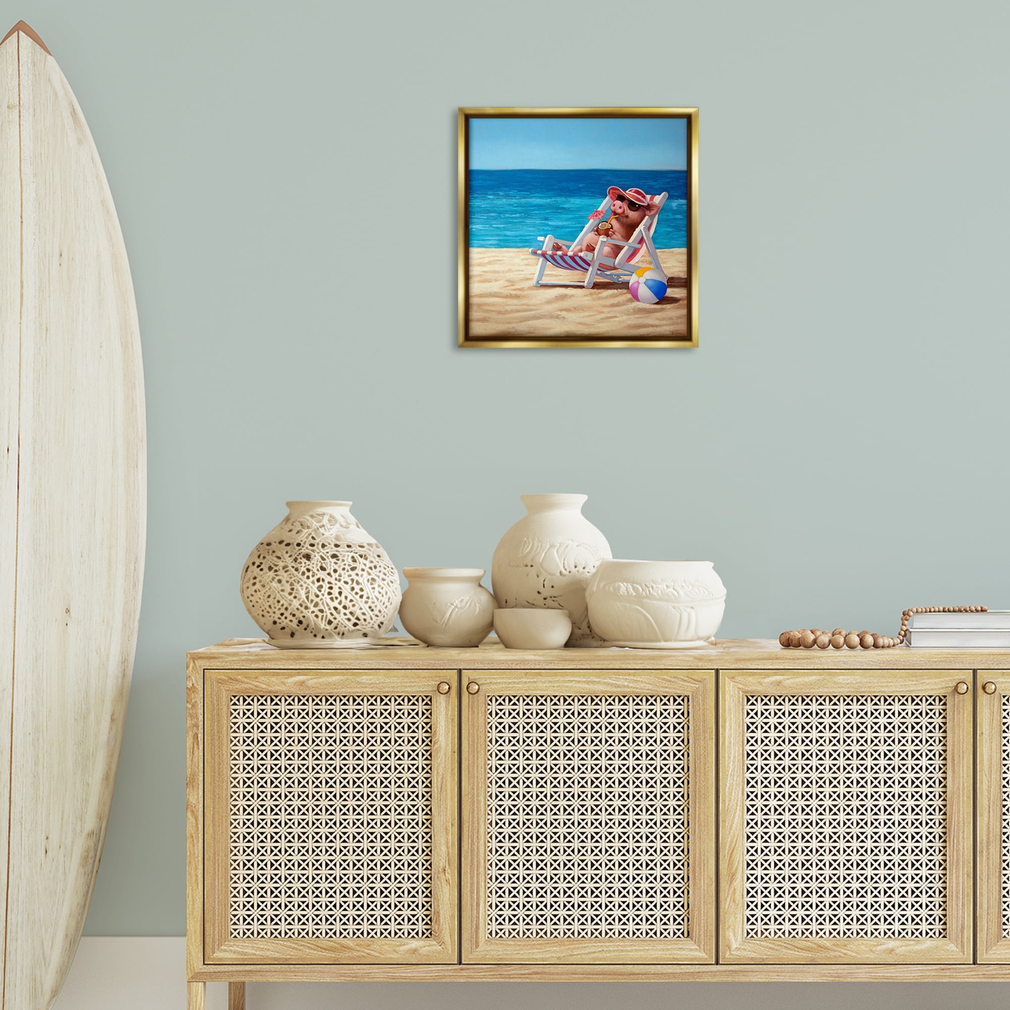 Stupell Industries Pig with Beach Cocktail Novelty Painting Gold Floater Framed Canvas Art Print Wall Art, 18 x 18