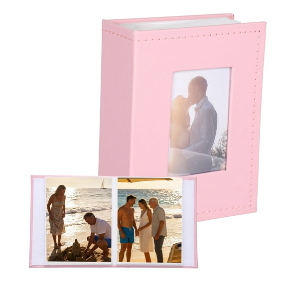 Uxcell Small Photo Album, 6.5x4.9" PU Leather Picture Book with Front Window, Each 50-Page Album Holds 4x6" 100 Photos for Wedding Anniversaries, Family Travel Memories, Pink