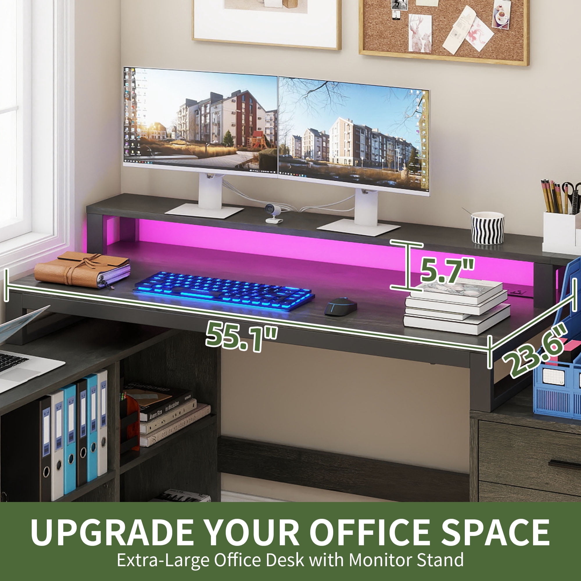 Uforic 65" L Shaped Desk with LED Light & File Cabinet, with 3 Drawers & 4 Open Storage Shelves, Gray