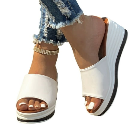 

Seasonal Savings! Slippers for Women Fish Mouth Slope Heel Fashion Casual Large Size Women s Straight Line Sandals/Slippers White 35 SOPATENOR