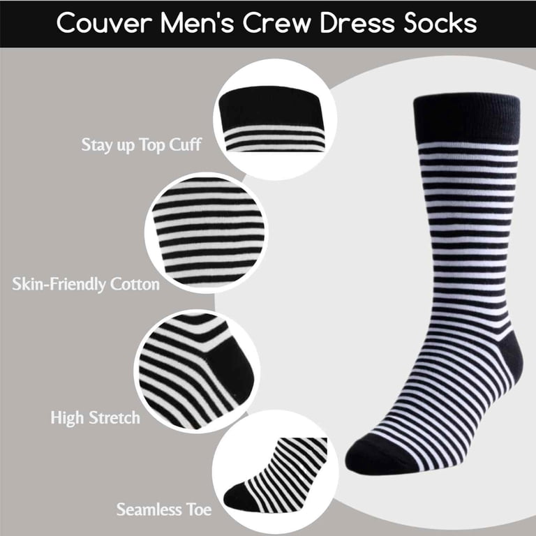 Couver Men's Cotton Luxury Colorful Striped Casual Crew Dress Socks, Thin Black / White, ize 8 to 13, Size: One size