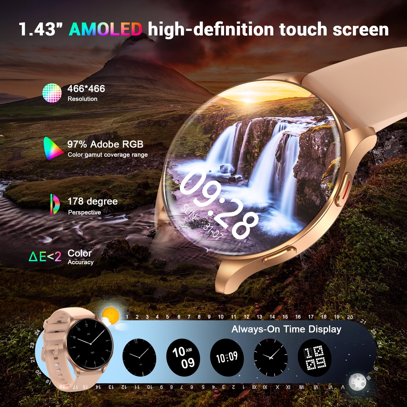 Blackview Smart Watch for Women, 1.43" AMOLED Fitness Tracker Watch with Bluetooth Call, 100+ Sports Modes, AI Voice Assistant, 2 Straps, Waterproof Smartwatch for Android iPhone, Gold