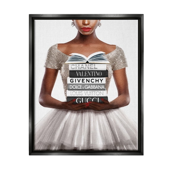 Stupell Industries Trendy Girl with Books Beauty & Fashion Painting Black Floater Framed Canvas Art Print Wall Art, 25 x 31