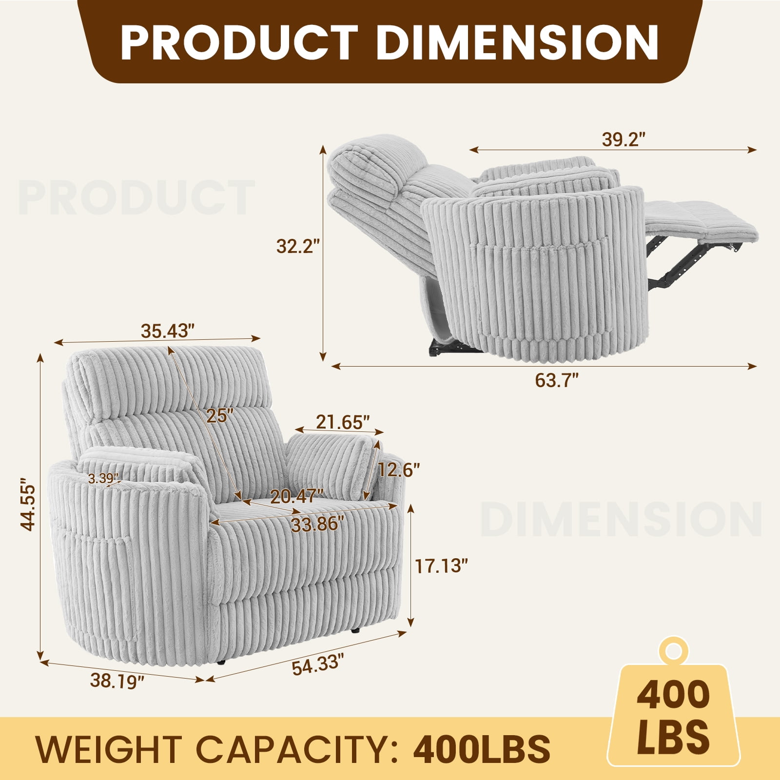 Gelloan Oversized Power Recliner Chairs for TWO Person Faux Fur Electric Extra Large Recliners Soft Overstuffed Reclining Theater Seating for Living Room with USB Port,34" Seat Width