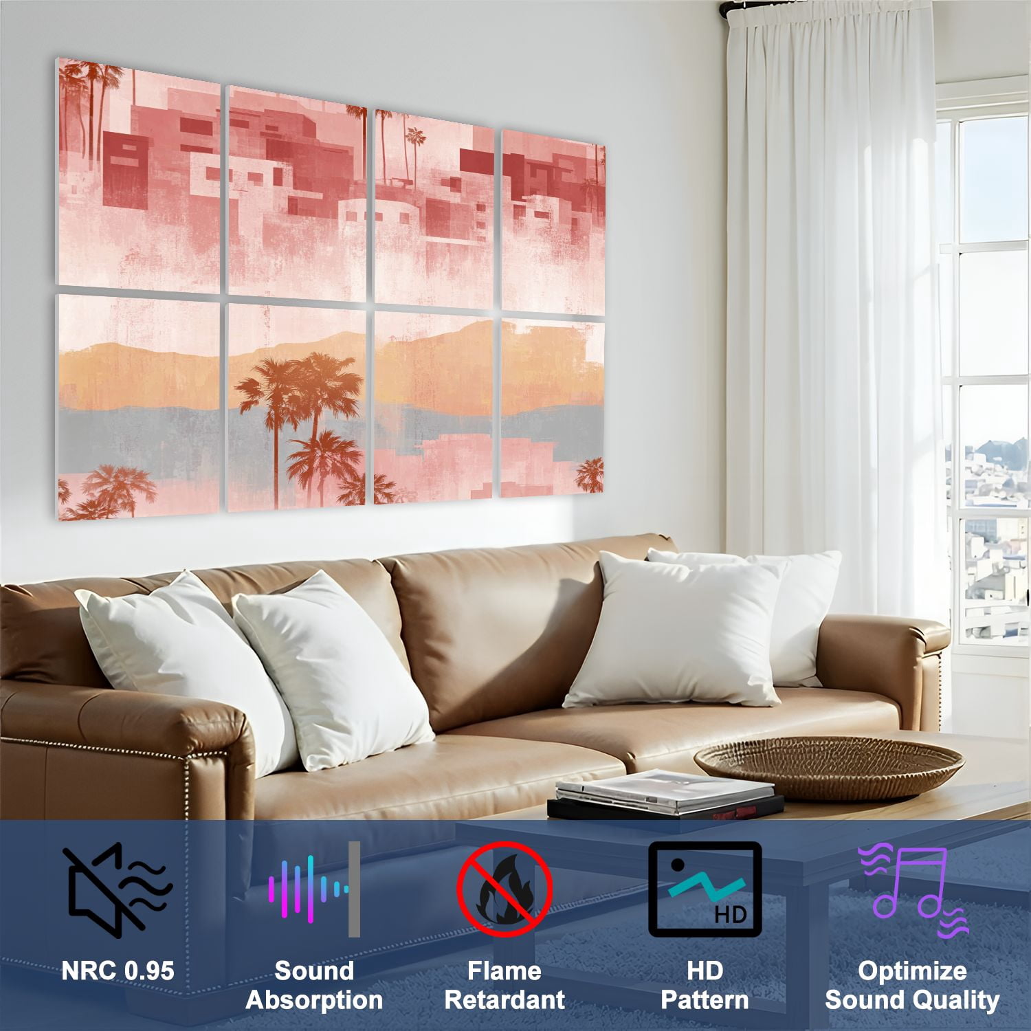 8 Pack Art Acoustic Panels Sound Absorbing Abstract Desert Cityscape Palm Trees Decorative Soundproof Wall Panels Self Adhesive for Nursery Game Room Bedroom 48"x32"