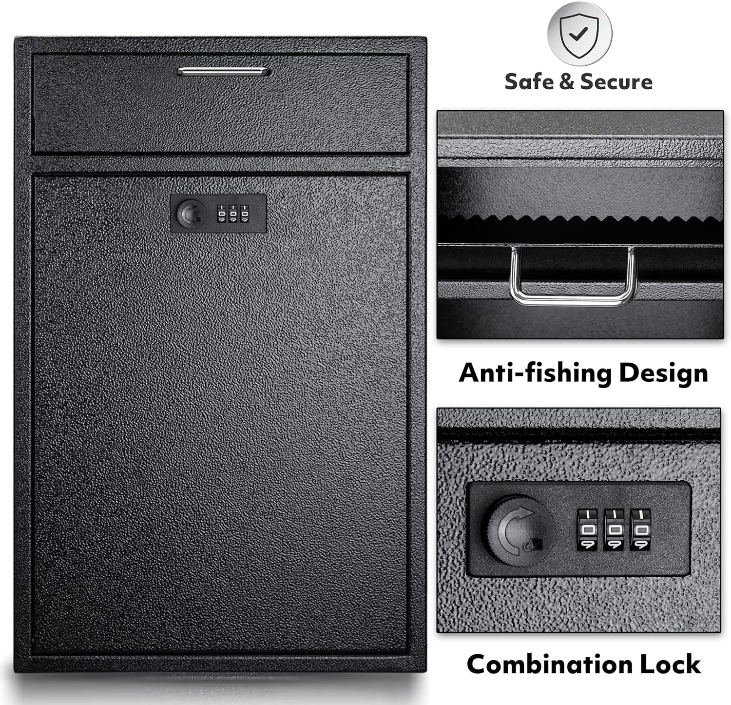 POCHAR Wall Mounted Mailbox with Combination Lock, Anti-Theft Heavy Duty Steel Drop Box for Night Key, Deposit, Money, Cash, Paperwork (11'' x 4.75'' x 15.75'')