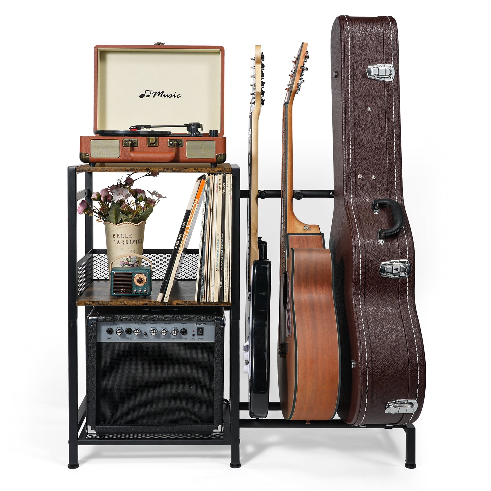 Guitar Stand for Multiple Acoustic Bass Electric Guitars Cases with Vinyl Record Storage Cabinet and 3-Tier Shelf