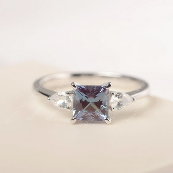 Lab Created Color changing gemstone princess cut alexandrite engagement ring June birthstone three stone ring