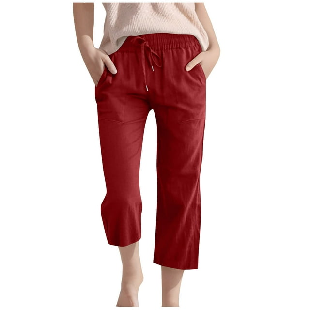 Plebaso Boys Girls Capris Pants Cotton Linen Drawstring Casual Pants Lightweight Cropped Pants with Pockets