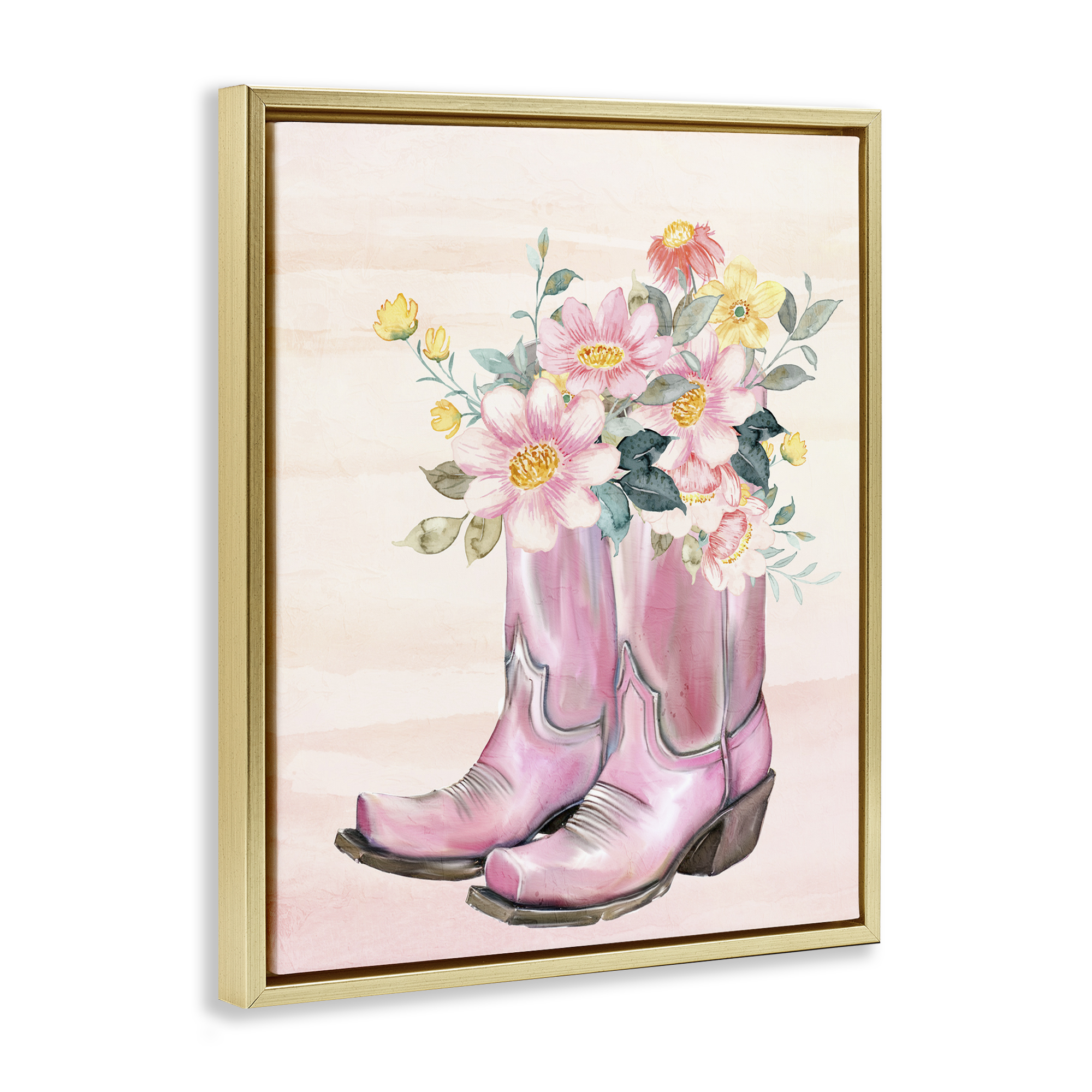 Wildflower Floral Boots Gold Framed Floater Canvas Wall Art, design by Kim Allen