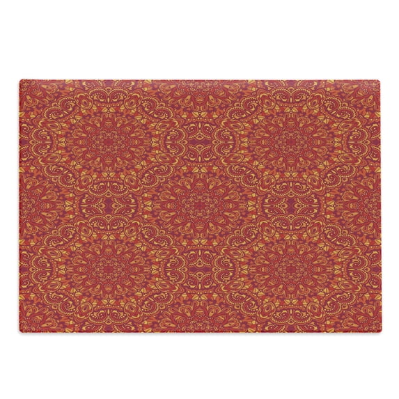 Mandala Cutting Board, Tribal Motifs Details Floral Wisdom Eastern Oriental Illustration, Decorative Tempered Glass Cutting and Serving Board, Large Size, Vermilion Apricot Maroon, by Ambesonne