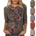 thumbnail image 2 of HongQid Womens Casual 3/4 Sleeve T-Shirt Round Neck Cute Tops Loose Fit Basic Tees Blouses Vintage Floral Print Blouse Soft Lightweight Shirts Loose Hem Fashion Top For Spring Summer Outfits, 2 of 6