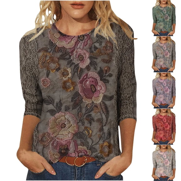 CYMMPU T-Shirts 3/4 Sleeve Fall Fashion Shirts Floral Pattern Blouses for Women Dressy Casual Spring Tops Loose Fit Crew Neck Lightweight Basic T-Shirts Green M