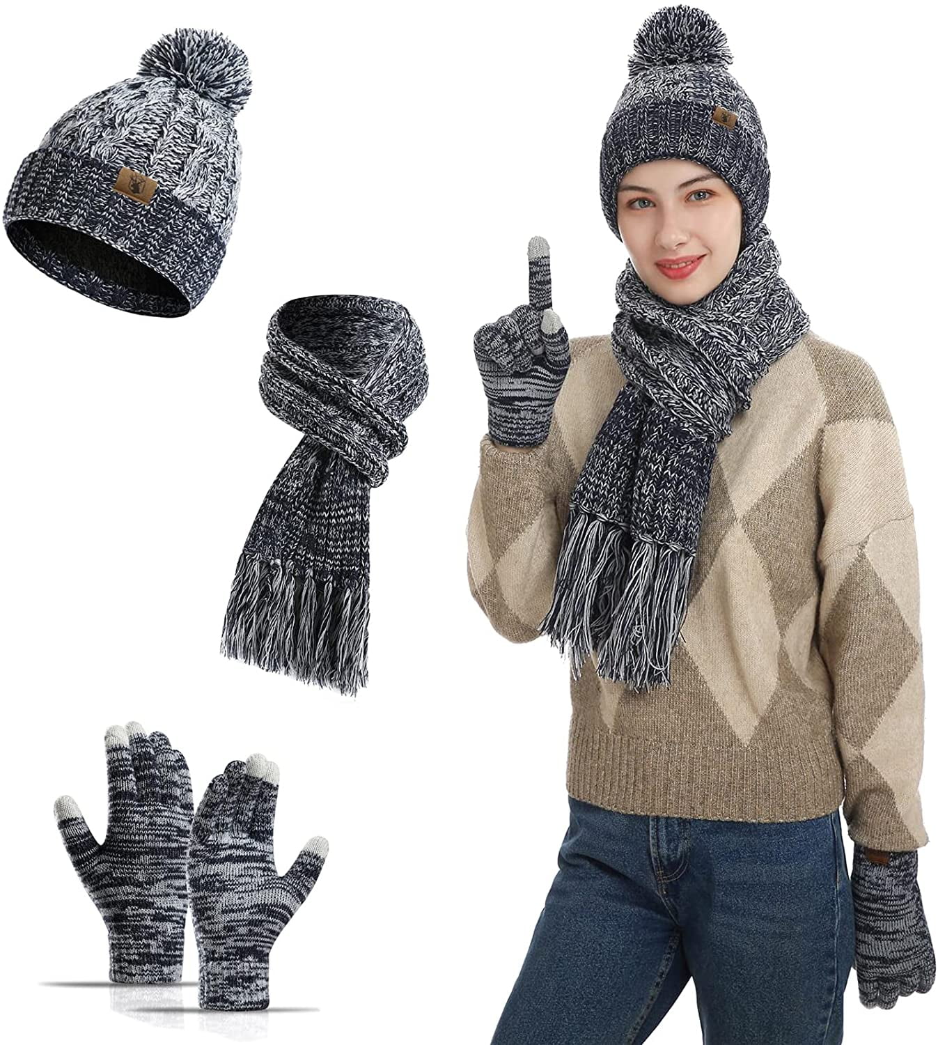 LONGTEN Beanie Hat Scarf Gloves Set 3 in 1 Winter Knitted Hat Neck Warmers Touch Screen Gloves for Men Women 