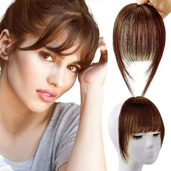 Medium brown clip-in bangs hair extensions 100% human hair ribbon sideburns air bangs wig