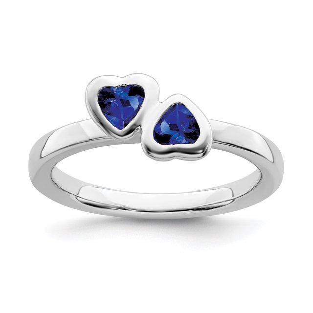 925 Sterling Silver Created Sapphire Double Heart Stackable Ring Love Birthstone September Gemstone