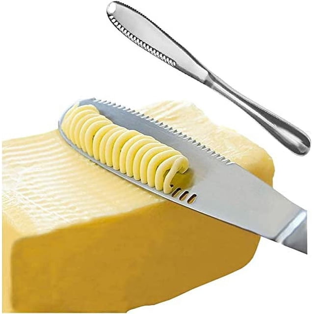 RV Cuchillo para mantequilla (plateado), eslinga de acero inoxidable tres en uno con ranura de corte de borde dentado, fácil de quitar, adecuado para rebanar pan, mantequilla, queso y mermelada