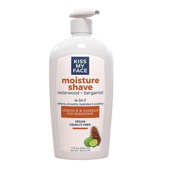 Kiss My Face Cedarwood + Bergamot Moisture Shave - Crema de afeitar 4 en 1 - Libre de crueldad animal y vegana - Con aceite de oliva añadido y extracto de hoja de aloe - Rica en vitamina E