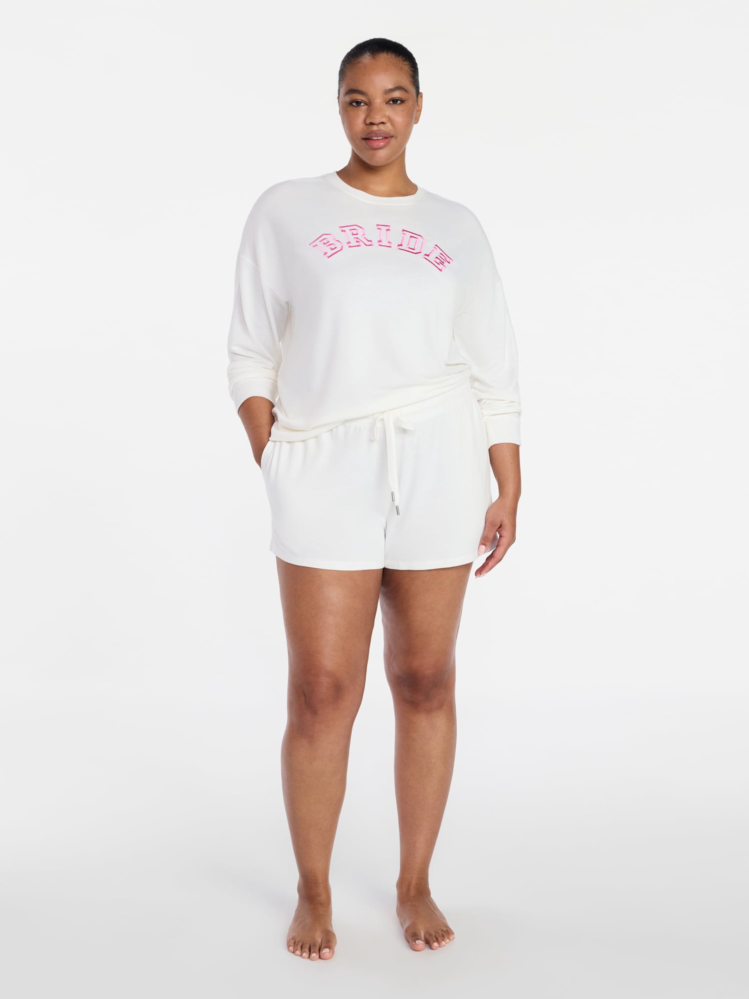 Joyspun Women's French Terry Knit Bridal Long Sleeve Sleep Top, Sizes XS to 3X
