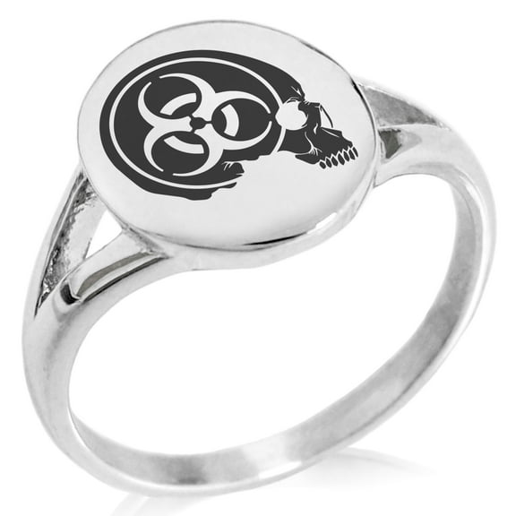 Stainless Steel Biohazard Skull Zombie Minimalist Oval Top Polished Statement Signet Ring
