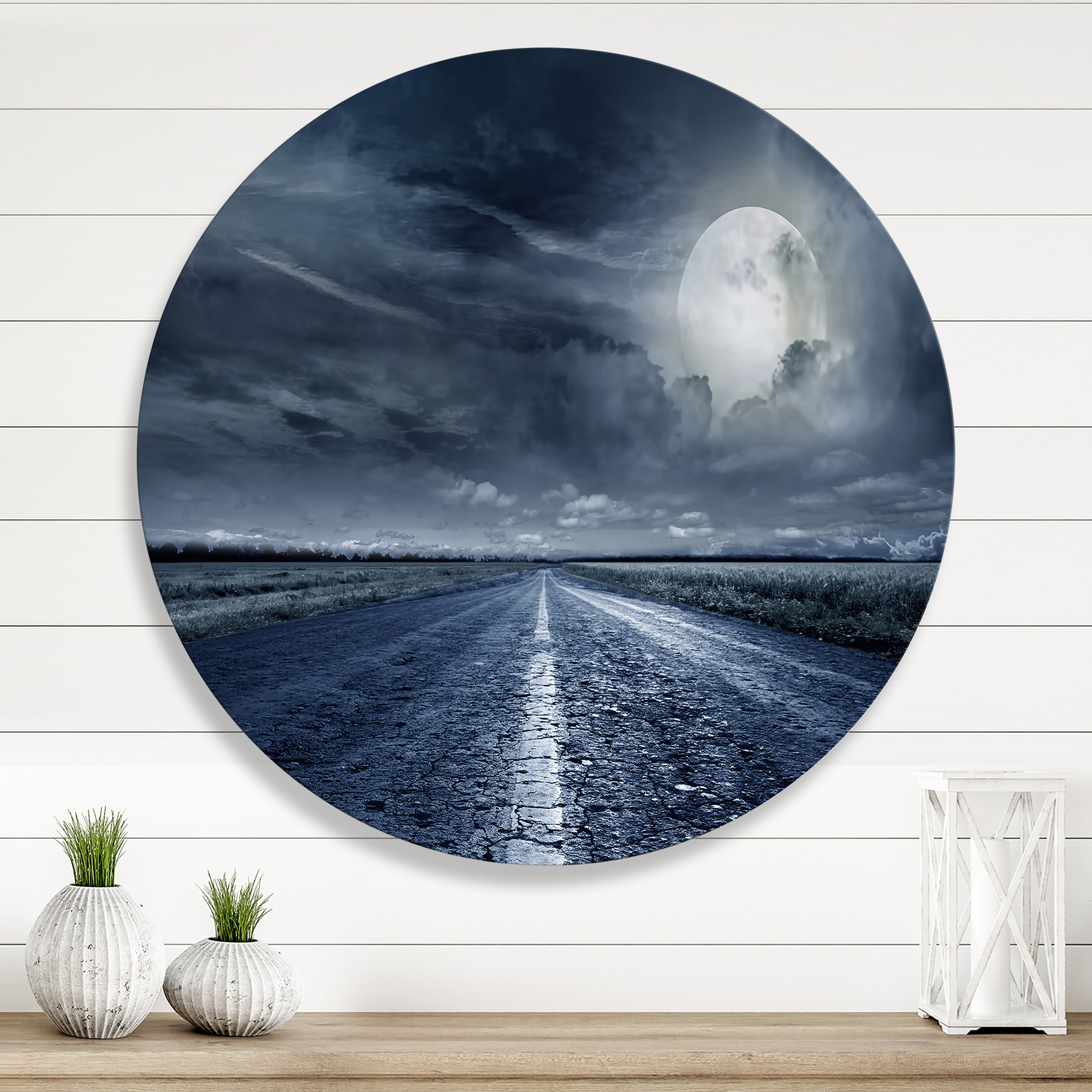 「MOON.」CLARITY ART Designart 'Cloudy Full Moon Over Asphalt Road II' Nautical