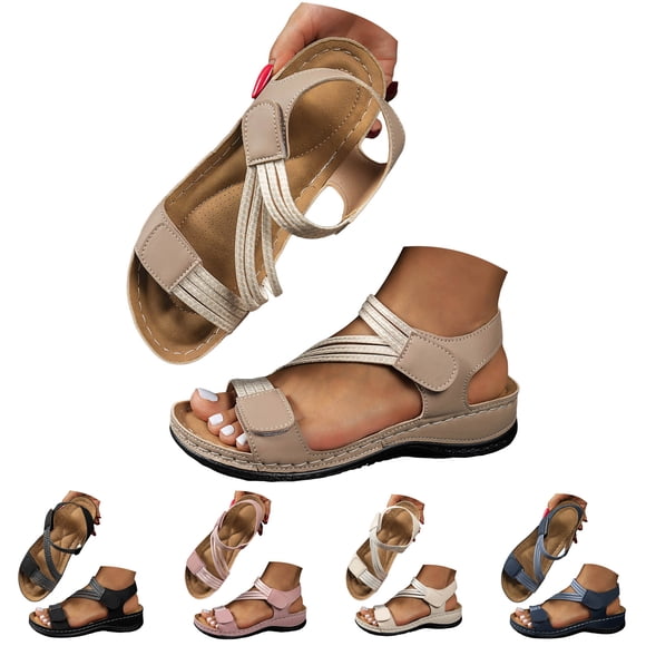 Pandaie Flat Sandals for Women 2026 Comfortable Orthopedic Walking Shoes with Arch Support Orthotic Summer Beach Sandal with Adjustable Ankle Strap Black Size 9