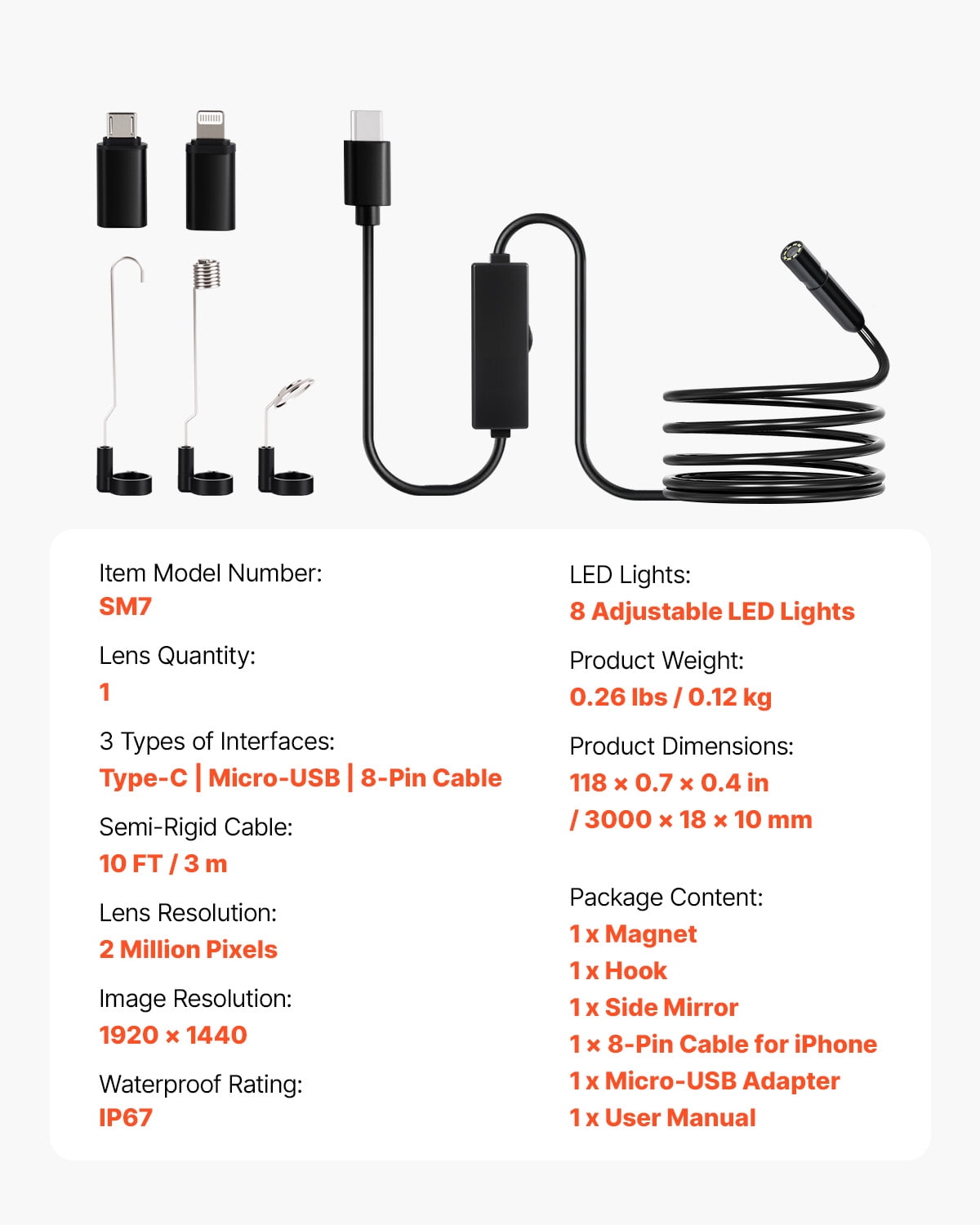 VEVOR Endoscope Camera with Light, 1920P HD Borescope for Android & IOS, 8 LED Lights Inspection Camera with 10FT Semi-Rigid Cable, 2X Zoom, IP67 Waterproof Snake Scope Camera for Auto, Plumbing