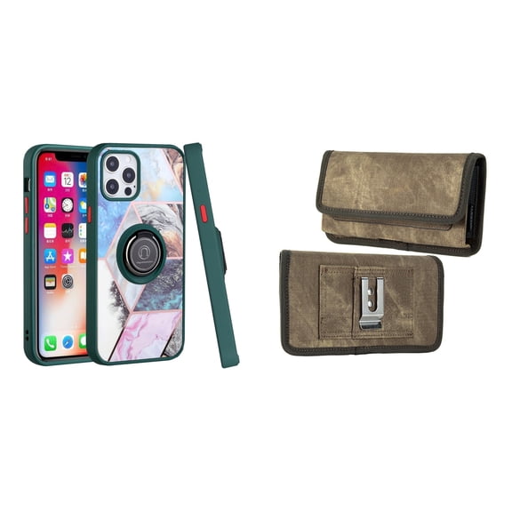 Bemz Ring Series Case for iPhone 14 (TPU Silicone Cover with Magnetic Stand) and Rugged Denim Nylon Belt Holster Pouch (Green on Galaxy Marble/Tan Brown)